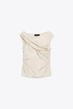 ZARA ЖАККАРДОВЫЙ ТОП АСИММЕТРИЧНОГО КРОЯ, БЕЖЕВЫЙ