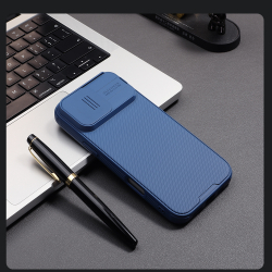 Чехол синего цвета с сдвижной шторкой для камеры от Nillkin для iPhone 16 Pro Max, серия CamShield Pro Case