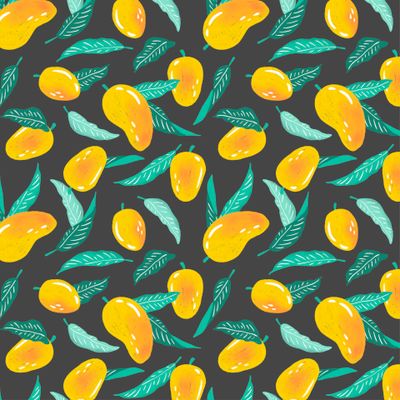 Бесшовный паттерн с ярками манго на черном фоне. Летняя иллюстрация еды