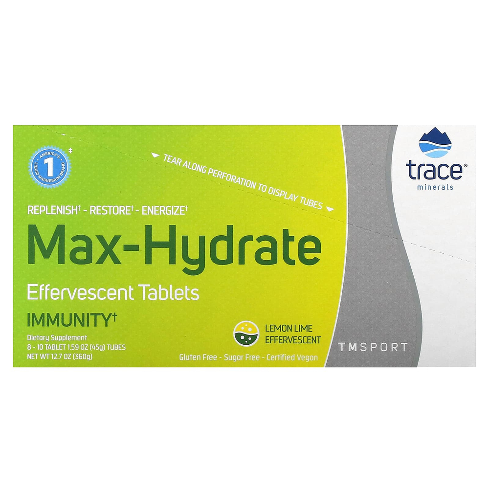 Trace, TM Sport, Max-Hydrate Immunity, шипучие таблетки для поддержки иммунитета, со вкусом лимона и лайма, 8 упаковок по 10 таблеток в каждой