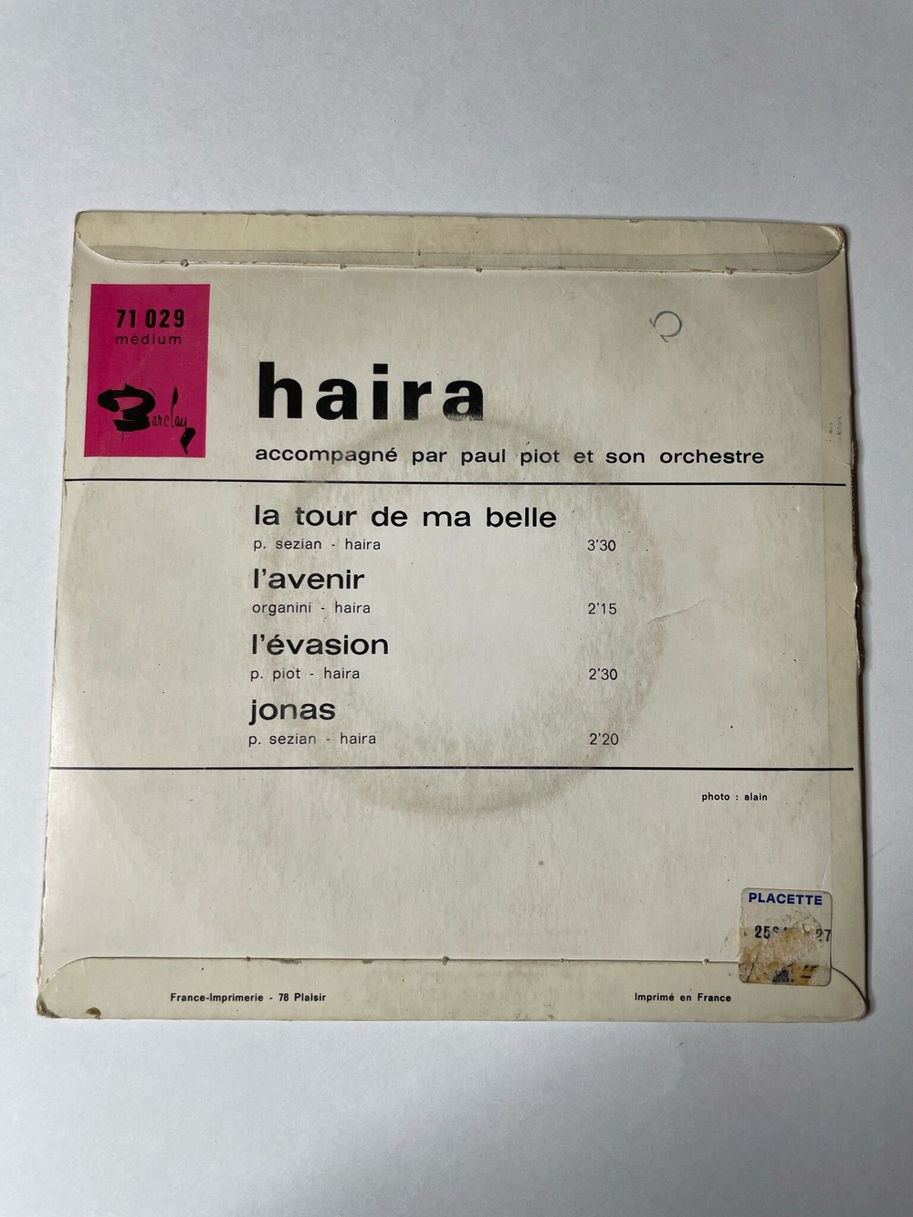 Винтажная виниловая пластинка LP Haira La Tour De Ma Belle, L'Avenir, L'Evasion, Jonas (France 1966)