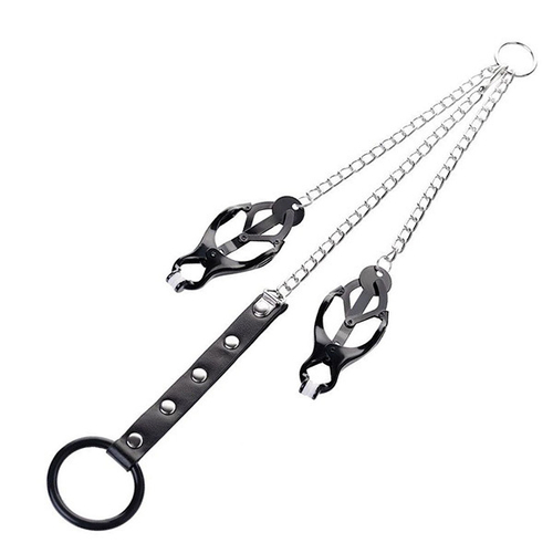 Черно-серебристые зажимы для сосков с кольцом для пениса ToyFa Metal 712050