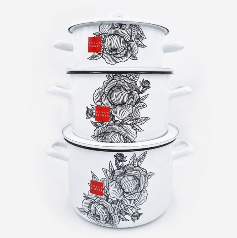 Набор кастрюль эмалированных 1,5 л; 3 л; 4,5 л URBAN FLOWER цилиндрический