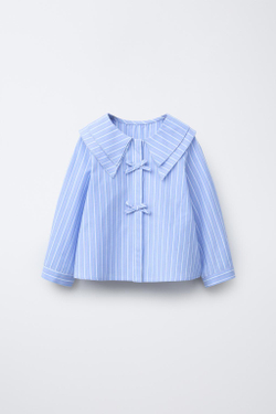 ZARA РУБАШКА В ПОЛОСКУ С БАНТАМИ, ГОЛУБОЙ