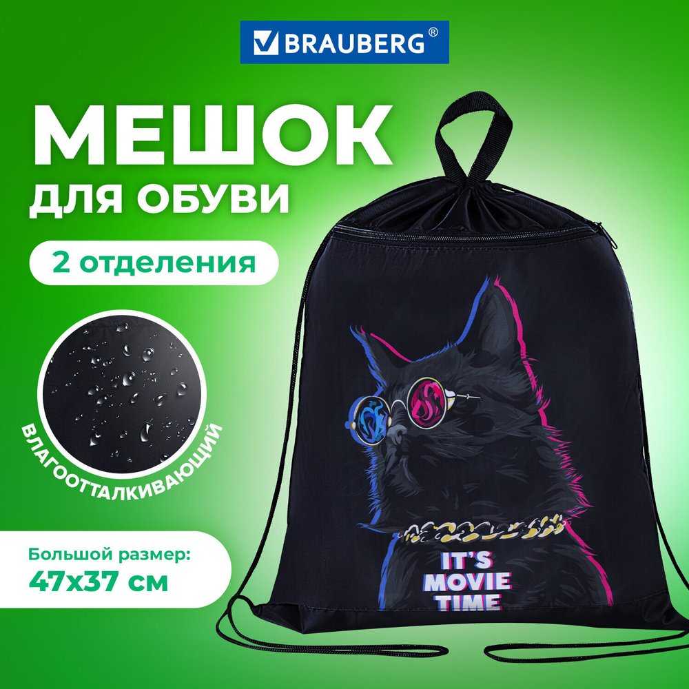 Мешок для обуви BRAUBERG, с петлёй, карман на молнии, 47х37 см, "Movie time", 270910