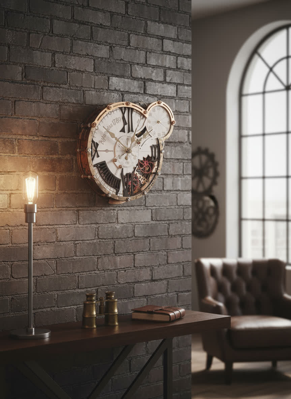 Интерьер лофт с необычными настенными часами WOODandROOT Automaton 1789 Gloster из дерева и металла над рабочим столом