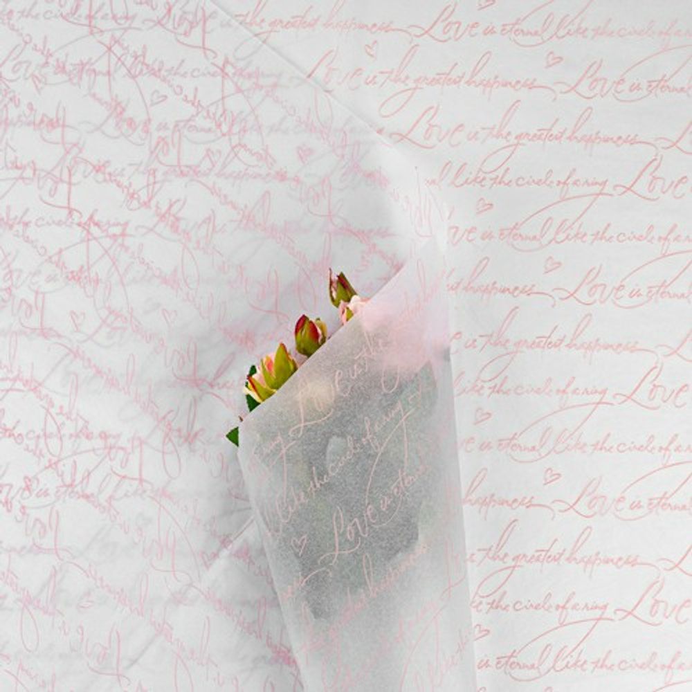 Бумага тишью "Письмо любви" 50*70см Розовый на белом (20л)