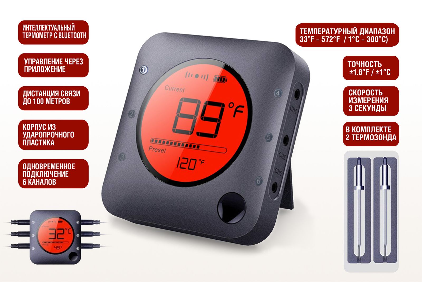 Цифровой термометр Model 3, беспроводной, BT, черный фото №16