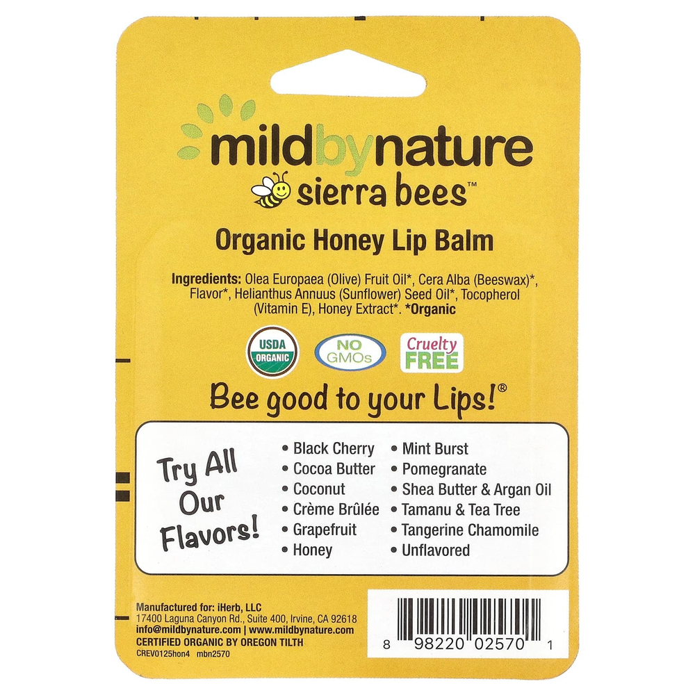 Mild By Nature, Sierra Bees™, органические бальзамы для губ, мёд, упаковка из 4 шт. по 4,25 г (0,15 унции)
