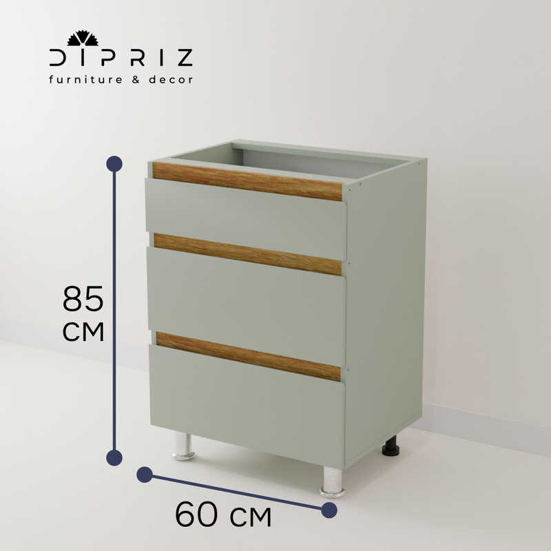 Кухонный модуль напольный, 60х45х83, Малага, с 3-мя ящиками, зеленый / массив дуба, Dipriz