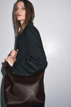 ZARA КОЖАНАЯ СУМКА-МЕШОК С ДВОЙНЫМ ОТДЕЛЕНИЕМ, БОРДОВО-КРАСНЫЙ