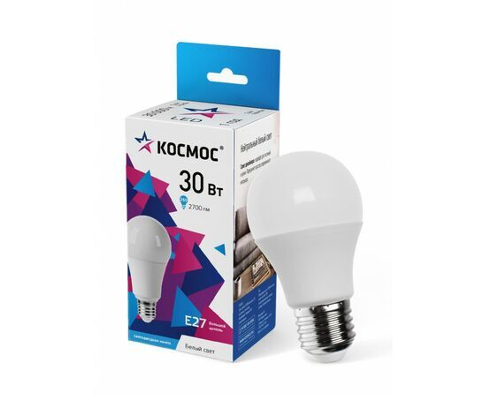Лапочка КОСМОС ЛОН A80 высокомощ E27 30W 2650lm 4500K 4K мат. 135x80 LksmHWLED30WE2745, 1 шт.