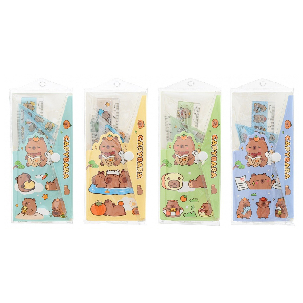 Линейка Basir пластиковая, набор 4 шт, серия "Капибара", 4 предмета: линейка 15 см, транспортир и два угольника