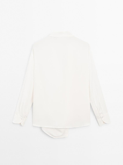 Massimo Dutti Блуза с узлом на вырезе и деталью «Брошь», натуральный, кремовый