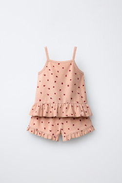 ZARA КОМПЛЕКТ ИЗ ФУТБОЛКИ И ШОРТОВ С ЦВЕТОЧНЫМ УЗОРОМ ИЗ МАХРОВОЙ ТКАНИ, ПАСТЕЛЬНО-РОЗОВЫЙ