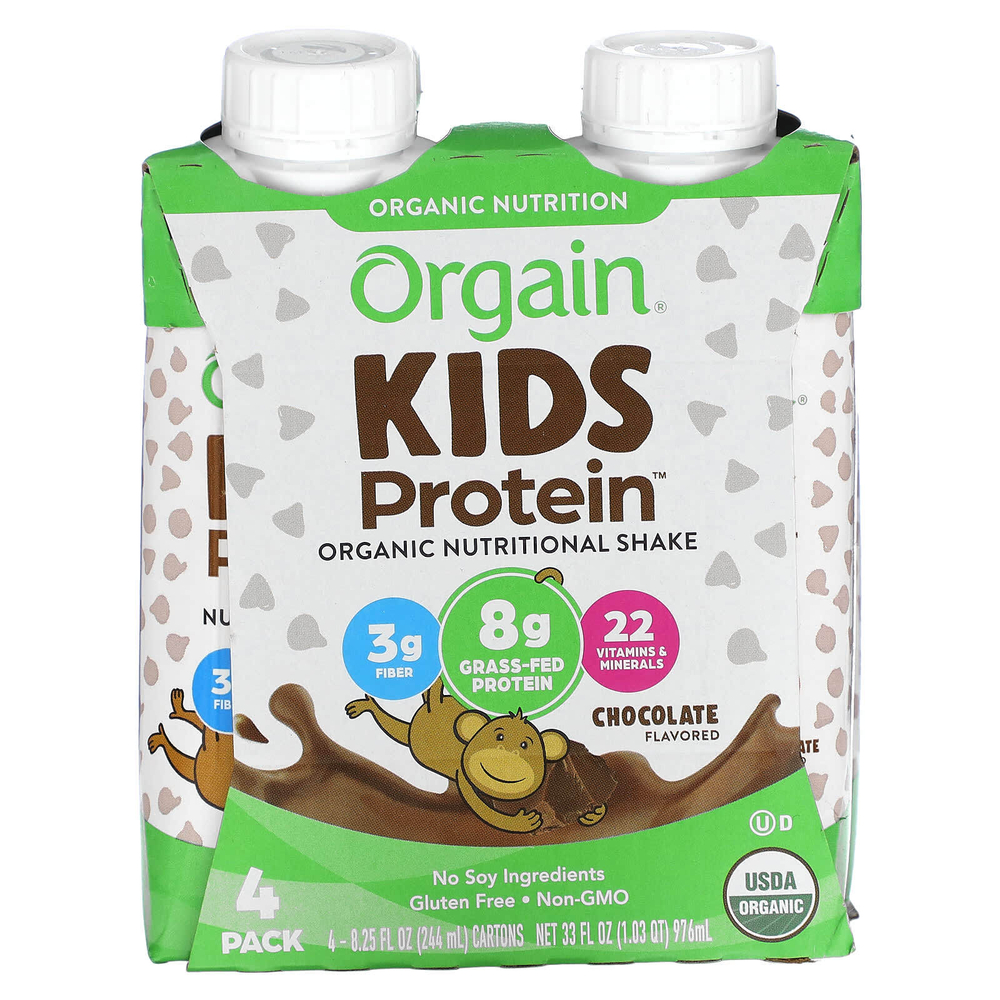 Orgain, Kids Protein, органический питательный коктейль, шоколад, 4 пакетика по 244 мл (8,25 жидк. унц.)