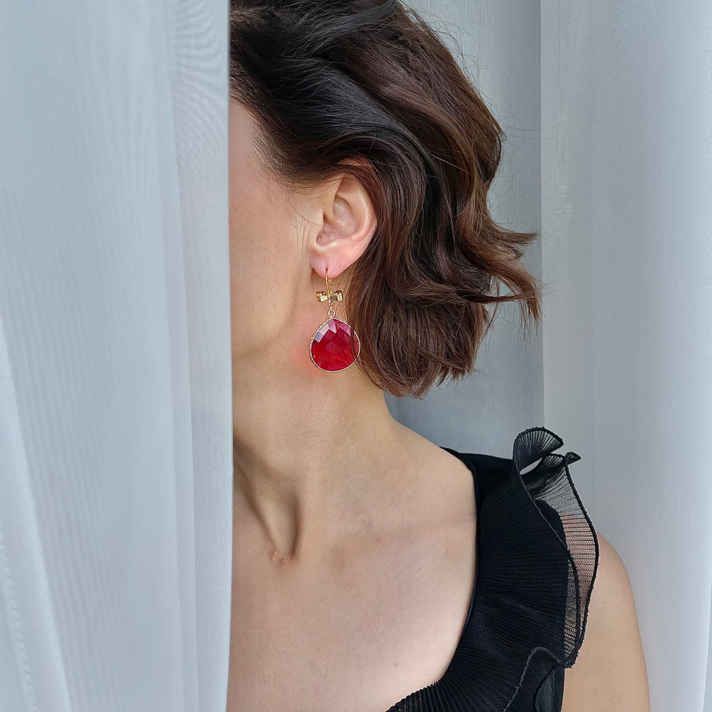 Серьги красные кристаллы каплевидной формы с бантом, Италия