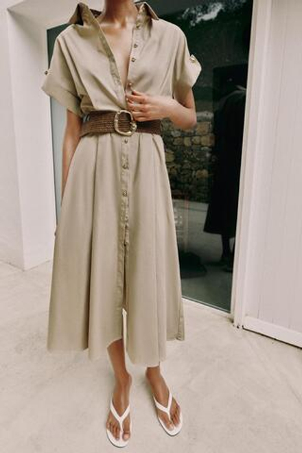 ZARA ПЛАТЬЕ МИДИ ИЗ ПОПЛИНА С ПОЯСОМ, СВЕТЛО-БЕЖЕВЫЙ