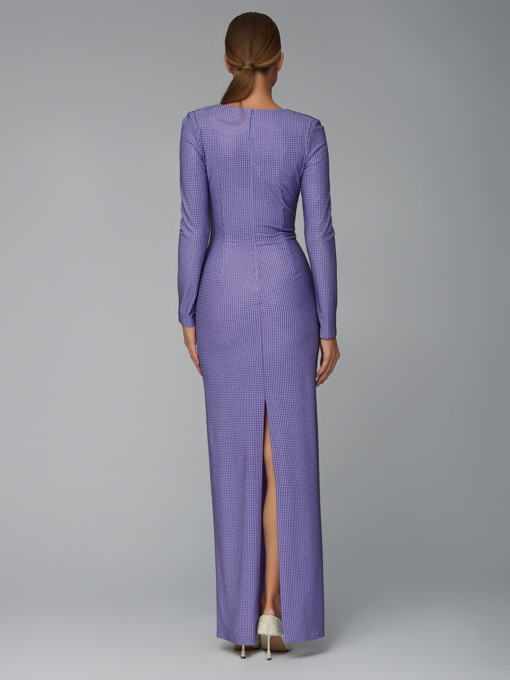 Женское платье макси фиолетовое с узлом и кристаллами