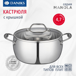 Кастрюля нерж, 4.7 л, с крыш, крыш стекло, Daniks, Manola, CW-T078-22, индукц