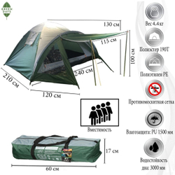 Палатка 4-мест, 210+120х240х130 см, 2 сл, 1 комн, 1 тамб, мос сет, 2 окна, Green Days, GJH057