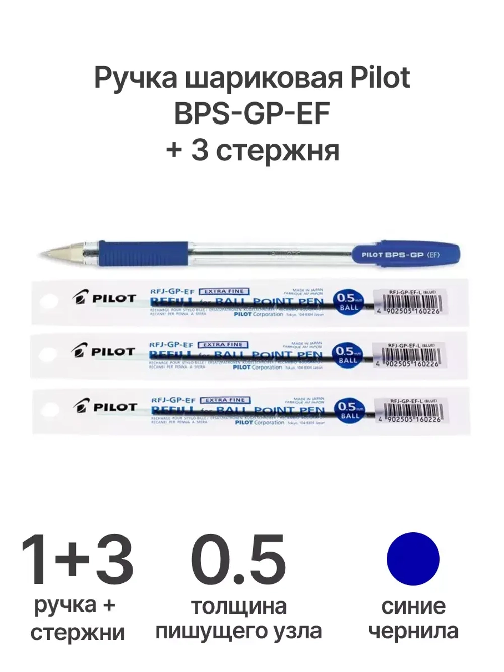 Ручка шариковая BPS-GP-EF, 0.5 мм, синяя + 3 стержня