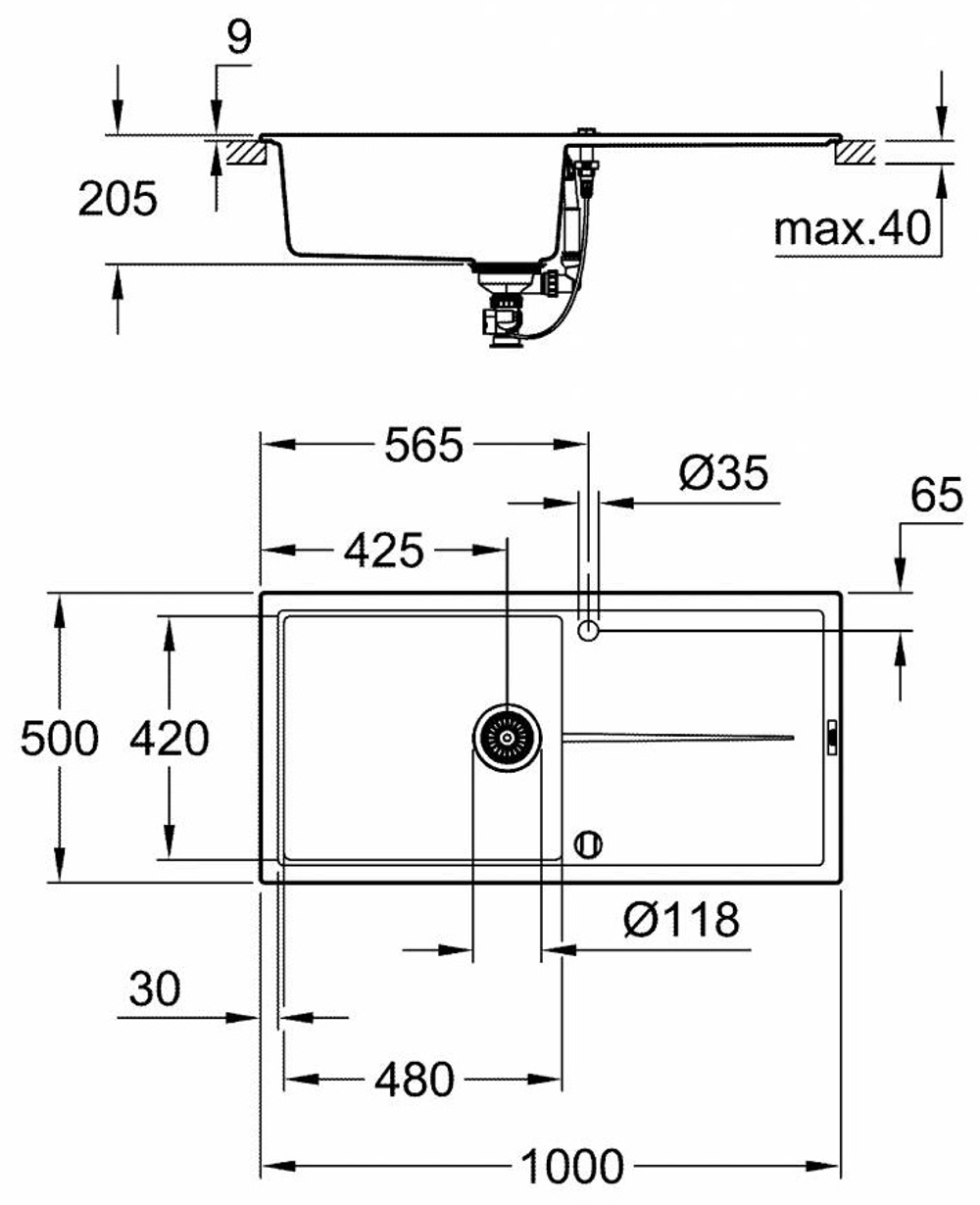 Мойка композитная GROHE K400, 1000 x 500 мм, черный гранит (31641AP0)
