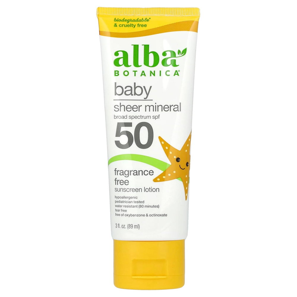 Alba Botanica, детский прозрачный минеральный солнцезащитный лосьон, SPF 50, без отдушек, 89 мл (3 жидк. унции)