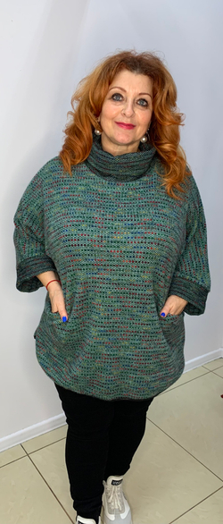 Меланжевый  джемпер с кармашками и хомутом