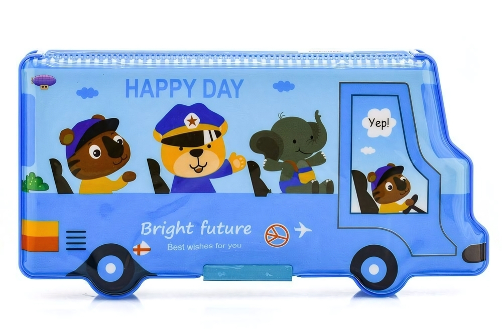 Пенал пластиковый "Автобус" с наполнением 22*12*4см (линейка, ластик, карандаш, точилка), 4вида микс