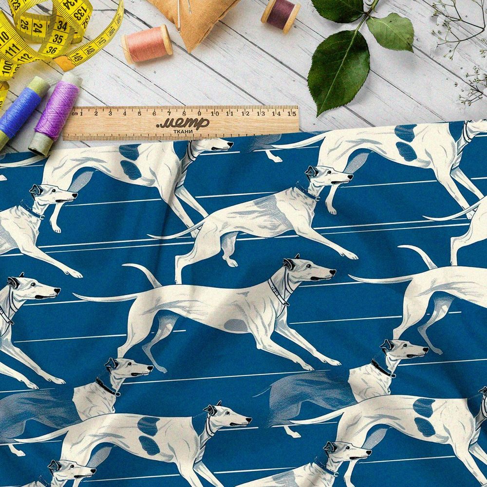 Ткань премиум бифлекс гончие на серо-голубом