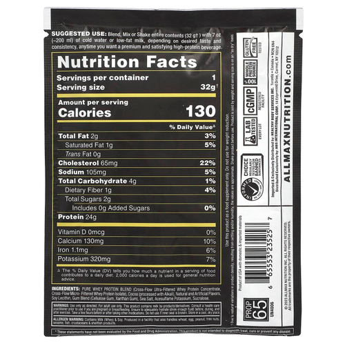 ALLMAX, Gold All Whey, 100% сывороточный протеин премиального качества, шоколад, 32 г (1,13 унции)