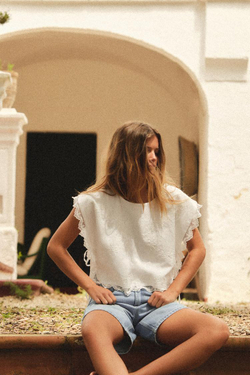 ZARA ТОП С ВЫШИВКОЙ И БАНТАМИ, ЖЕЛТОВАТО-БЕЛЫЙ