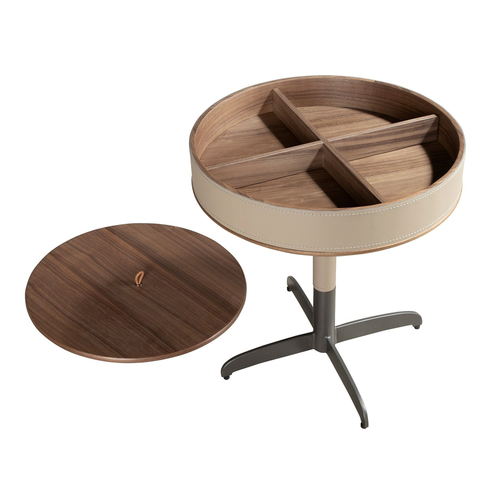 Круглый угловой стол 2156 из кожи, ореха и серой стали