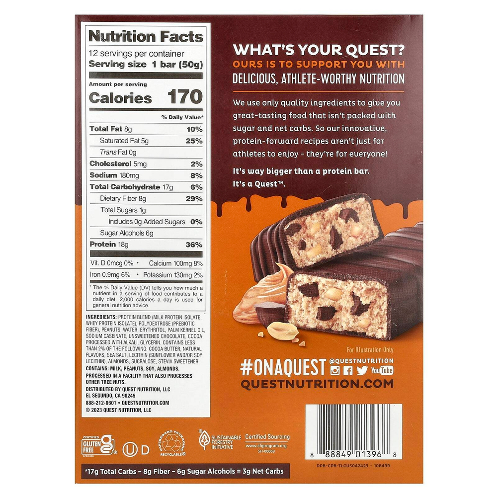Quest Nutrition, протеиновый батончик, шоколад с арахисовой пастой в глазури, 12 шт. по 50 г (1,76 унции)