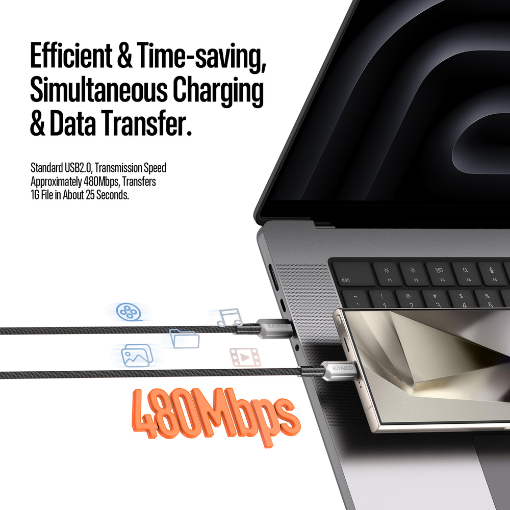 Кабель для быстрой зарядки 60W в тканевой черной оплетке длина 100см (1м) с разъемом Type C на Type C, серия WLCM Series от Dux Ducis