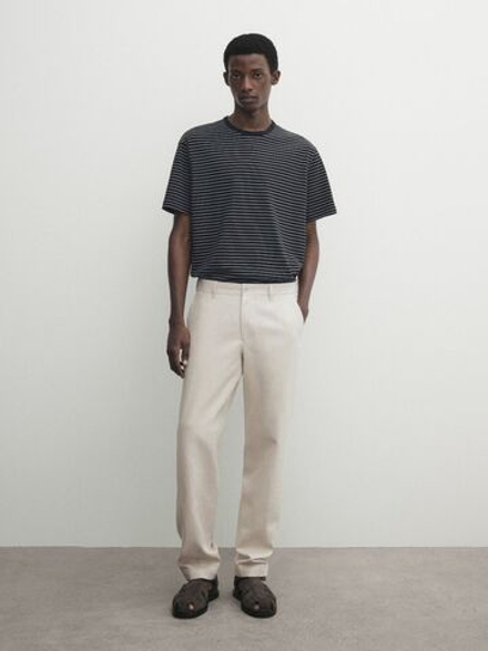 Massimo Dutti Футболка из 100% хлопка средней плотности в полоску, темно-синий