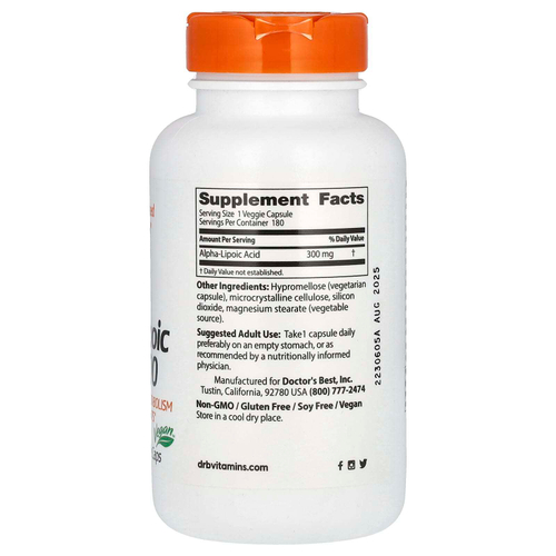Doctor's Best, альфа-липоевая кислота 300, 300 мг, 180 растительных капсул