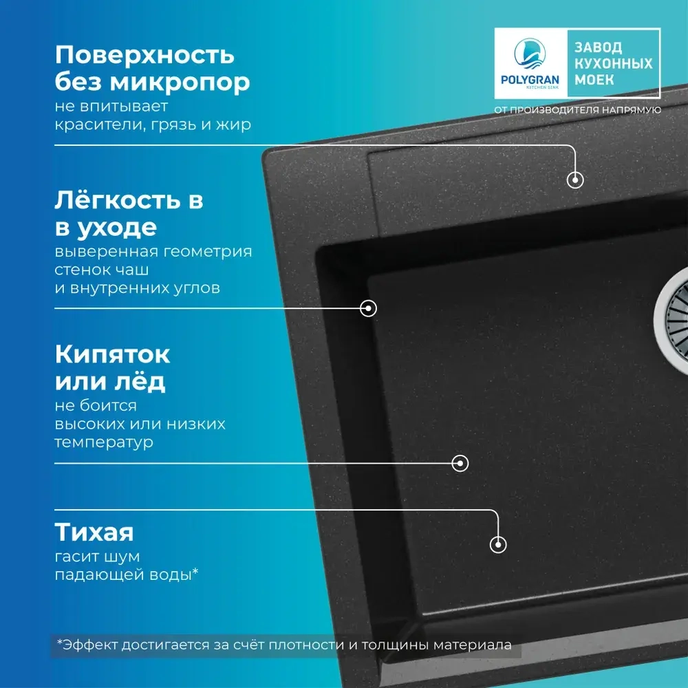 Мойка POLYGRAN ARGO-760 черный №16, смеситель COLORADO черный, доска разделочная ARGO