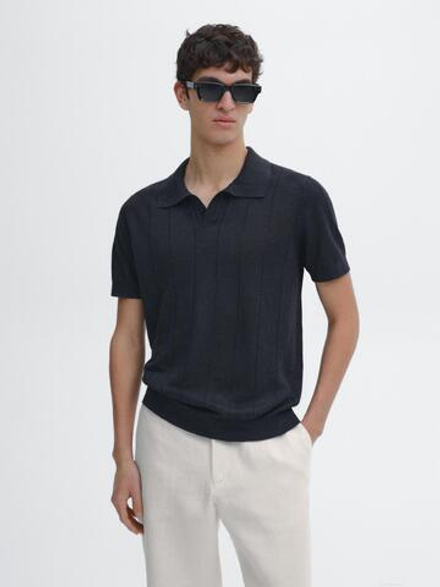 Massimo Dutti Льняной трикотажный свитер с воротником-поло, темно-синий