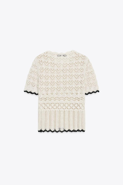 ZARA КАРДИГАН С КОРОТКИМИ РУКАВАМИ И АЖУРНОЙ ВЯЗКОЙ, БЕЛЫЙ/ЧЕРНЫЙ