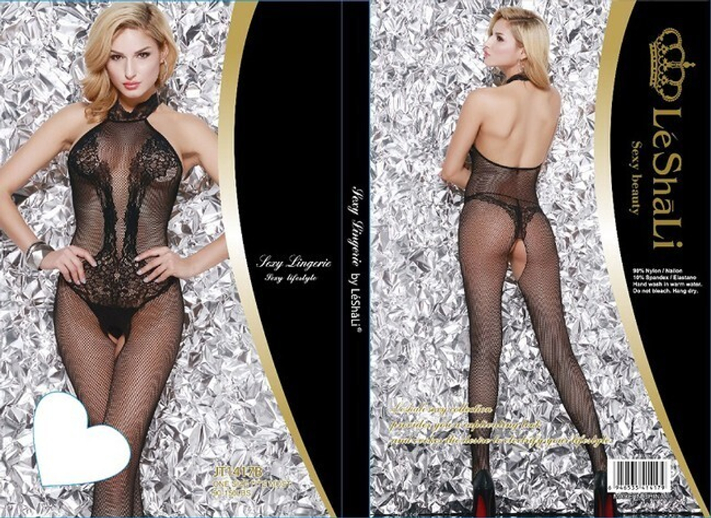 Комбинезон-сетка с имитацией чулок и открытой спиной черный (Цвет: черный)