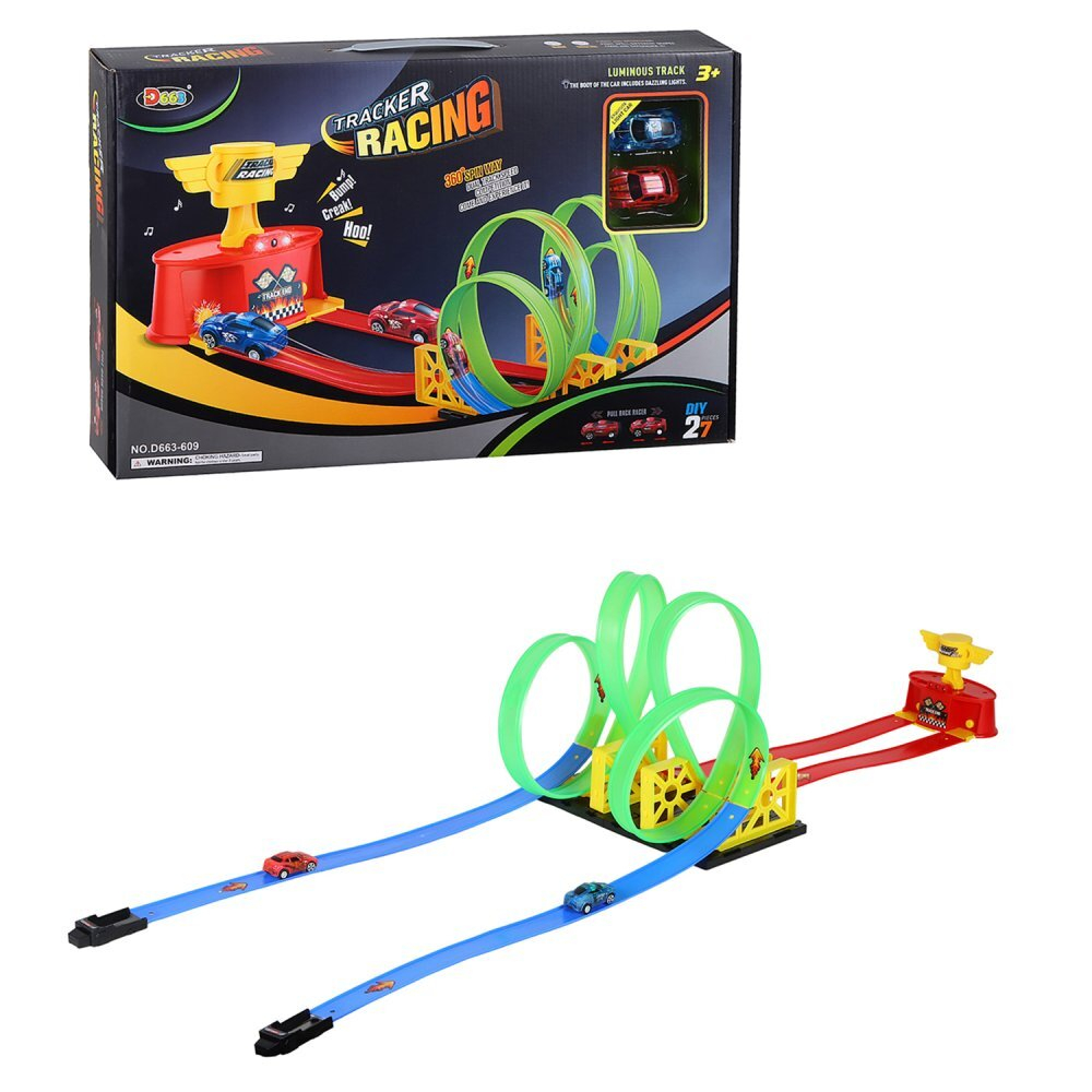 0404199/Трек со светом с пусковым устройством, 3 мертвые петли и поворотная стена+ 2 инерц. машинки,