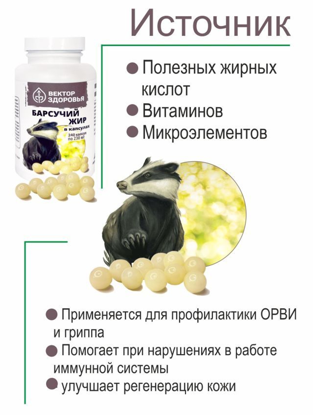 Барсучий жир для иммунитета, 240 капсул