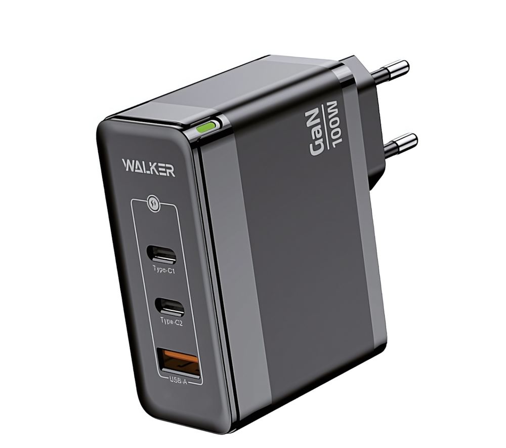 Зарядное устройство WALKER WH-47 GaN, 3.25А, 100Вт, USB/Type-Cx2, поддержка QC+PD, черное