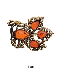AM-2630 Брошь «Павлин сказочный» (латунь, янтарь)