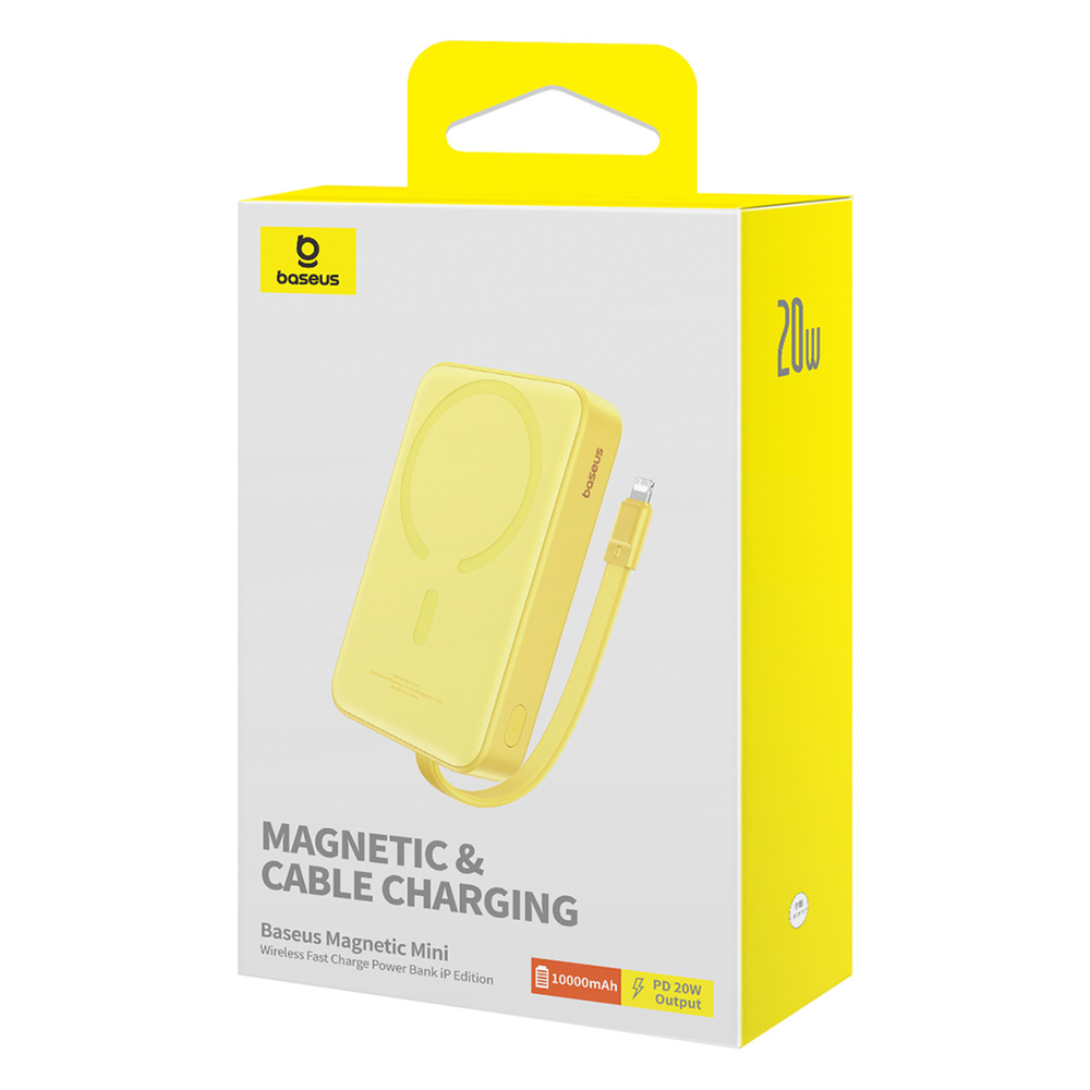 Внешний аккумулятор + Беспроводная зарядка Baseus Magnetic Mini iP Edition C+L+Qi 10000mAh 20W (MagSafe) - Lemon Yellow