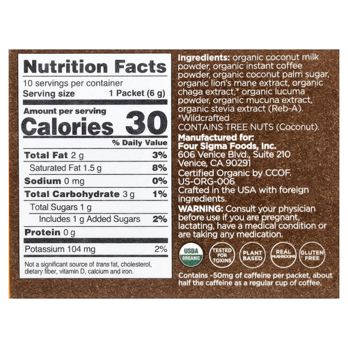 Four Sigmatic, Focus, органический кофе латте с ежовиком гребенчатым и грибами чага, 10 пакетиков по 6 г (0,21 унции)