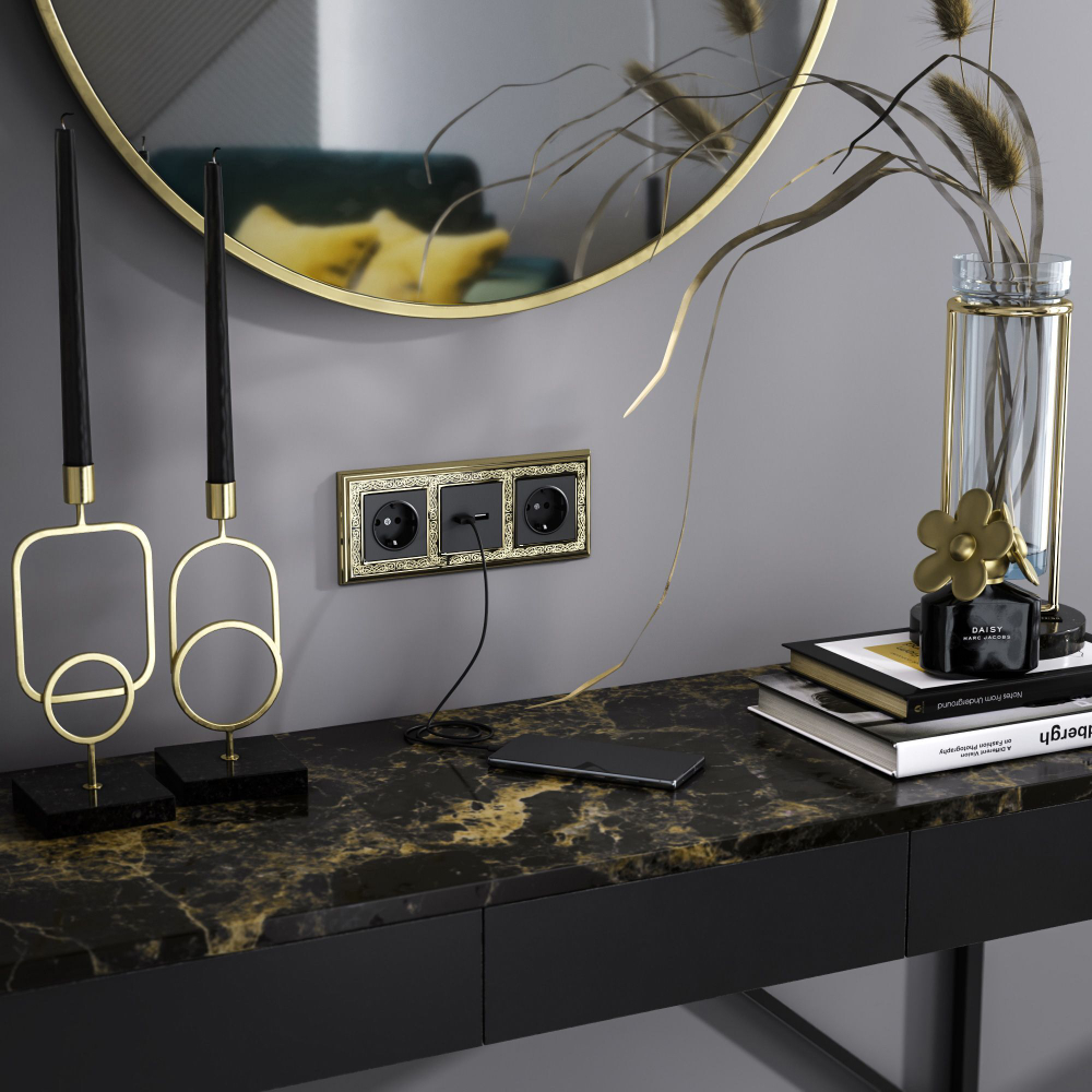 Розетка с заземлением и шторками (черный матовый)