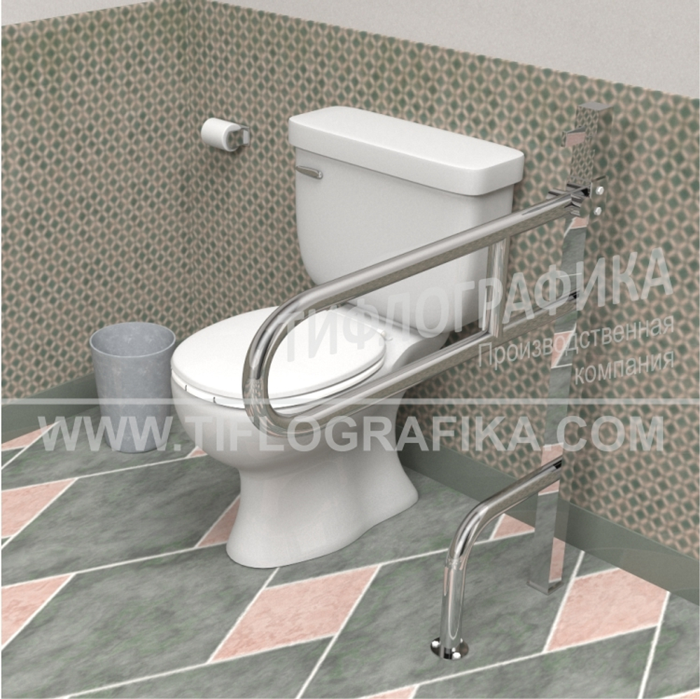 Поручень откидной опорный для санузла, со стопорным механизмом и без бумагодержателя, напольный, нерж. сталь, 730x865 мм, D38 мм